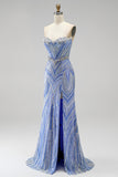 Sparkly Blue Mermaid Strapless Beaded Long Prom Dress with Slit