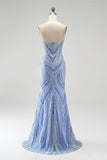 Sparkly Blue Mermaid Strapless Beaded Long Prom Dress with Slit