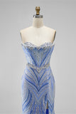 Sparkly Blue Mermaid Strapless Beaded Long Prom Dress with Slit