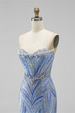 Sparkly Blue Mermaid Strapless Beaded Long Prom Dress with Slit