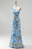 Sparkly Beaded Blue Mermaid One Shoulder Sequins Long Prom Dress
