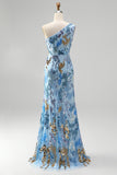 Sparkly Beaded Blue Mermaid One Shoulder Sequins Long Prom Dress