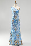 Sparkly Beaded Blue Mermaid One Shoulder Sequins Long Prom Dress