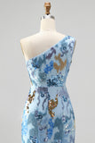 Sparkly Beaded Blue Mermaid One Shoulder Sequins Long Prom Dress