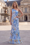 Sparkly Beaded Blue Mermaid One Shoulder Sequins Long Prom Dress