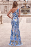 Sparkly Beaded Blue Mermaid One Shoulder Sequins Long Prom Dress