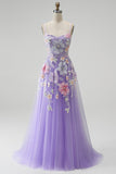 Lilac Floral Sparkly A-Line Sequins Beaded Long Prom Dress