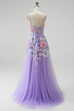 Lilac Floral Sparkly A-Line Sequins Beaded Long Prom Dress