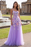 Lilac Floral Sparkly A-Line Sequins Beaded Long Prom Dress