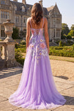 Lilac Floral Sparkly A-Line Sequins Beaded Long Prom Dress