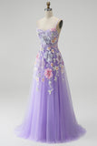 Lilac Floral Sparkly A-Line Sequins Beaded Long Prom Dress