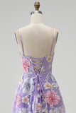 Lilac Floral Sparkly A-Line Sequins Beaded Long Prom Dress
