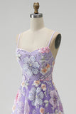 Lilac Floral Sparkly A-Line Sequins Beaded Long Prom Dress