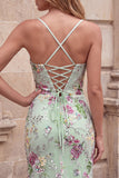 Light Green Floral Sparkly Sequins Mermaid Beaded Long Formal Dress