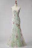 Light Green Floral Sparkly Sequins Mermaid Beaded Long Formal Dress