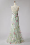 Light Green Floral Sparkly Sequins Mermaid Beaded Long Formal Dress