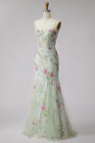 Light Green Floral Sparkly Sequins Mermaid Beaded Long Formal Dress