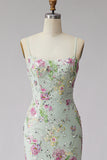 Light Green Floral Sparkly Sequins Mermaid Beaded Long Formal Dress