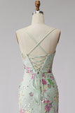 Light Green Floral Sparkly Sequins Mermaid Beaded Long Formal Dress