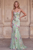 Light Green Floral Sparkly Sequins Mermaid Beaded Long Formal Dress