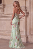 Light Green Floral Sparkly Sequins Mermaid Beaded Long Formal Dress
