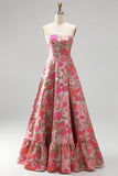 Red Floral A-Line Strapless Ruffled Long Prom Dress with Slit