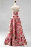 Red Floral A-Line Strapless Ruffled Long Prom Dress with Slit