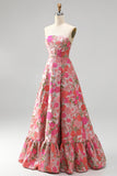 Red Floral A-Line Strapless Ruffled Long Prom Dress with Slit