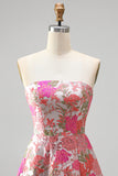 Red Floral A-Line Strapless Ruffled Long Prom Dress with Slit