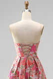 Red Floral A-Line Strapless Ruffled Long Prom Dress with Slit