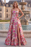 Red Floral A-Line Strapless Ruffled Long Prom Dress with Slit