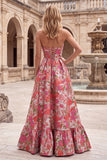 Red Floral A-Line Strapless Ruffled Long Prom Dress with Slit