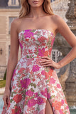 Red Floral A-Line Strapless Ruffled Long Prom Dress with Slit