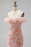 Sparkly Pink Mermaid Off the Shoulder Floral Beaded Long Prom Dress