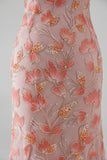 Sparkly Pink Mermaid Off the Shoulder Floral Beaded Long Prom Dress