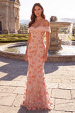 Sparkly Pink Mermaid Off the Shoulder Floral Beaded Long Prom Dress