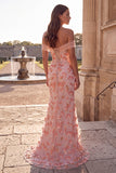 Sparkly Pink Mermaid Off the Shoulder Floral Beaded Long Prom Dress