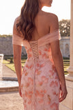 Sparkly Pink Mermaid Off the Shoulder Floral Beaded Long Prom Dress