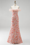 Sparkly Pink Mermaid Off the Shoulder Floral Beaded Long Prom Dress