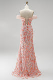 Sparkly Pink Mermaid Off the Shoulder Floral Beaded Long Prom Dress