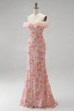 Sparkly Pink Mermaid Off the Shoulder Floral Beaded Long Prom Dress