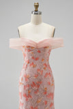 Sparkly Pink Mermaid Off the Shoulder Floral Beaded Long Prom Dress