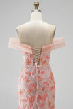 Sparkly Pink Mermaid Off the Shoulder Floral Beaded Long Prom Dress