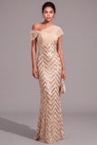 Sparkly Sequins Gold Mermaid One Shoulder Maxi Formal Dress