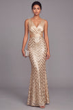 Sparkly Gold Mermaid V-Neck Sequins Ruched Long Formal Dress
