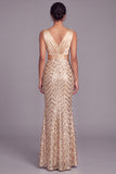 Sparkly Gold Mermaid V-Neck Sequins Ruched Long Formal Dress
