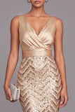 Sparkly Gold Mermaid V-Neck Sequins Ruched Long Formal Dress
