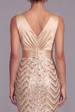 Sparkly Gold Mermaid V-Neck Sequins Ruched Long Formal Dress