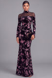Black Mermaid High Neck Velvet Floral Long Formal Dress with Sleeves