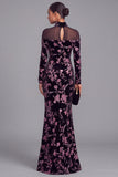 Black Mermaid High Neck Velvet Floral Long Formal Dress with Sleeves